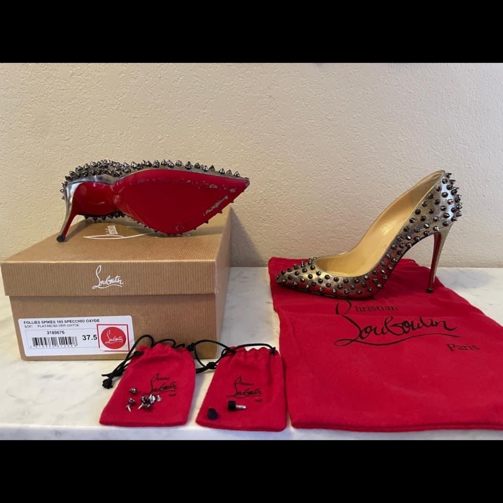 Louboutin 37.5 Follies Spikes 100mm Specchio Oxyde in Platine/Silver Oxyde